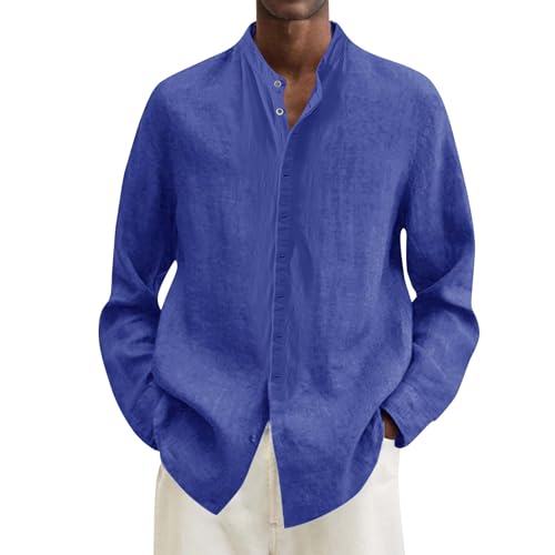 SOOUICKER Leinenhemd Herren Langarm Stehkragen Hemd Leinen Ohne Kragen Vintage Freizeithemden Sommer Oversize Sommerhemd Leicht Herrenhemden Freizeit von SOOUICKER