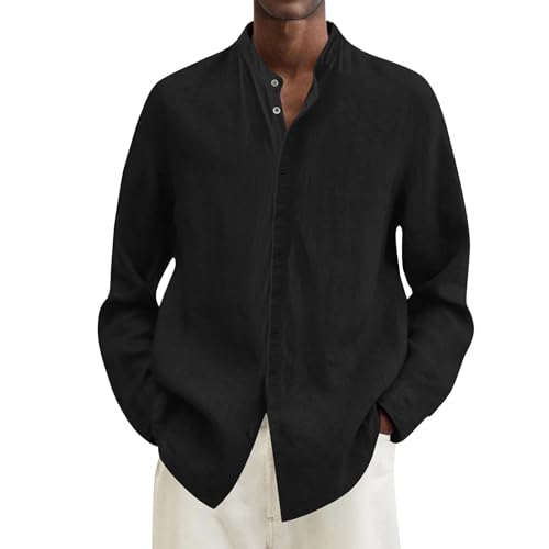 SOOUICKER Leinenhemd Herren Langarm Stehkragen Hemd Leinen Ohne Kragen Vintage Freizeithemden Sommer Oversize Sommerhemd Leicht Herrenhemden Freizeit von SOOUICKER
