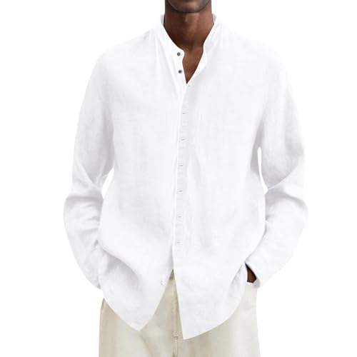 SOOUICKER Leinenhemd Herren Langarm Stehkragen Hemd Leinen Ohne Kragen Vintage Freizeithemden Sommer Oversize Sommerhemd Leicht Herrenhemden Freizeit von SOOUICKER