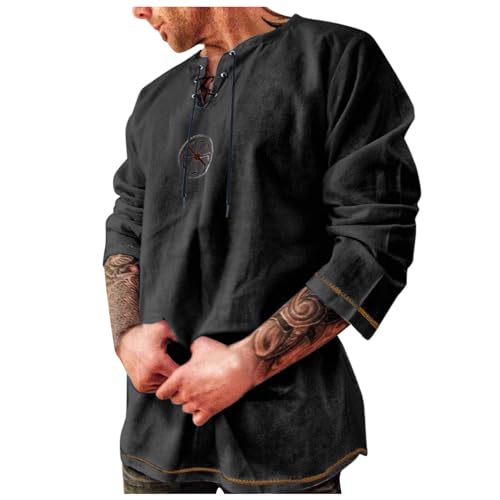 SOOUICKER Leinenhemd Herren Langarm Vintage Mittelalter Hemd Herren Leinen Freizeithemden für Herren Regular Fit Leinenhemd Herren mit Schnürung Sommerhemd Herren Langarm Muster von SOOUICKER