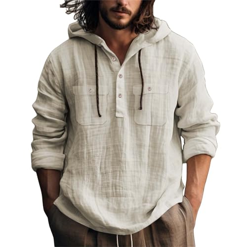 SOOUICKER Leinenhemd Herren Sommer mit Kapuze Hemd Vintage Urlaub Freizeithemden für Herren Leinen Herrenhemden Leicht Langarmhemd Freizeit Sommerhemd Oversize von SOOUICKER