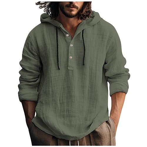 SOOUICKER Leinenhemd Herren mit Kapuze Vintage Hoodie Herren Leinen Regular Fit Leinenhemd Herren Langarm Sport Langarmshirt Herren mit Knopfleiste Sweatjacke Herren Hoodie von SOOUICKER