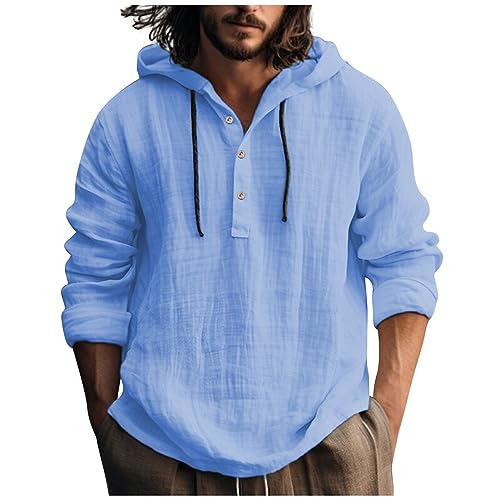 SOOUICKER Leinenhemd Herren mit Kapuze Langarm Vintage Hoodie Leinen Regular Fit Sport Langarmshirt mit Knopfleiste Sweatjacke Hoodie von SOOUICKER