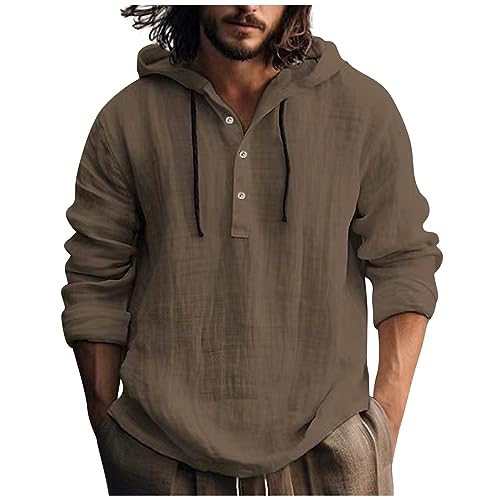 SOOUICKER Leinenhemd Herren mit Kapuze Langarm Vintage Hoodie Leinen Regular Fit Sport Langarmshirt mit Knopfleiste Sweatjacke Hoodie von SOOUICKER