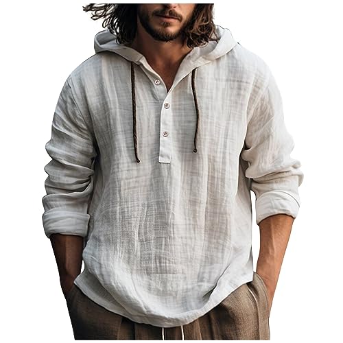 SOOUICKER Leinenhemd Herren mit Kapuze Vintage Hoodie Herren Leinen Regular Fit Leinenhemd Herren Langarm Sport Langarmshirt Herren mit Knopfleiste Sweatjacke Herren Hoodie von SOOUICKER