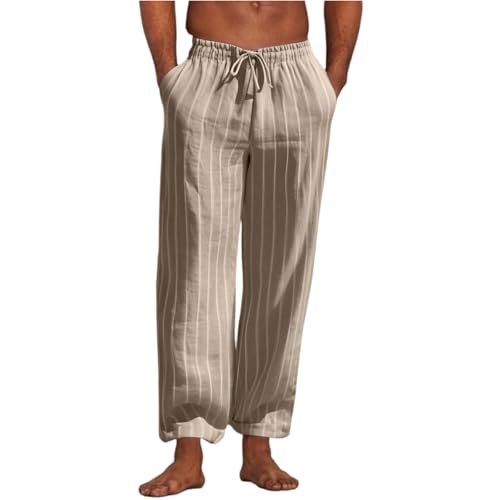 SOOUICKER Leinenhose Herren Gestreift Lang Freizeithose Sommer Leicht Weites Bein Leichte Sommerhose Herren Leinen Jogginghose Muster Ohne Bündchen Stoffhose mit Gummizug von SOOUICKER