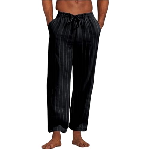 SOOUICKER Leinenhose Herren Gestreift Lang Freizeithose Sommer Leicht Weites Bein Leichte Sommerhose Herren Leinen Jogginghose Muster Ohne Bündchen Stoffhose mit Gummizug von SOOUICKER