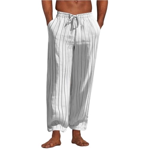 SOOUICKER Leinenhose Herren Gestreift Lang Freizeithose Sommer Leicht Weites Bein Leichte Sommerhose Herren Leinen Jogginghose Muster Ohne Bündchen Stoffhose mit Gummizug von SOOUICKER