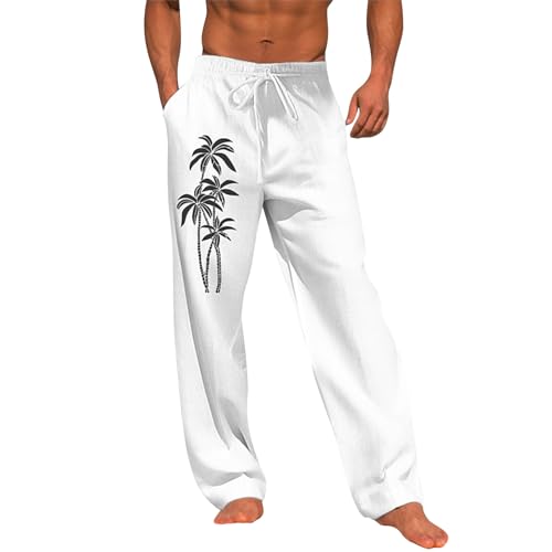 SOOUICKER Leinenhose Herren Große Größen Sommerhose Herren Baggy Jogginghose Herren Leinen Weites Bein Leinenhose Herren Vintage Muster Freizeithose Herren mit Gummizug Leinenhose Herren Yoga von SOOUICKER