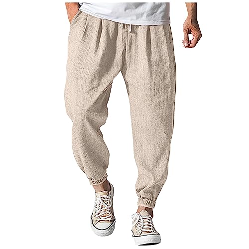 SOOUICKER Leinenhose Herren Harem Jogginghose Herren Leinen Freizeithose Herren mit Bündchen Haremshose Herren Leinen Sporthose Herren mit Taschen Leinenhose Herren Jogging Loose Fit von SOOUICKER