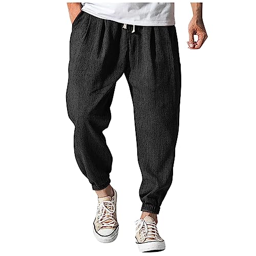 SOOUICKER Leinenhose Herren Harem Jogginghose Herren Leinen Freizeithose Herren mit Bündchen Haremshose Herren Leinen Sporthose Herren mit Taschen Leinenhose Herren Jogging Loose Fit von SOOUICKER