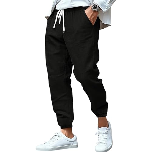 SOOUICKER Leinenhose Herren Jogger Sommer Loose Fit Leichte Sommerhose Leinen mit Gummizug Freizeithose mit Bündchen Stoffhose Leicht Jogging Yoga Jogginghose 7/8 Lang von SOOUICKER