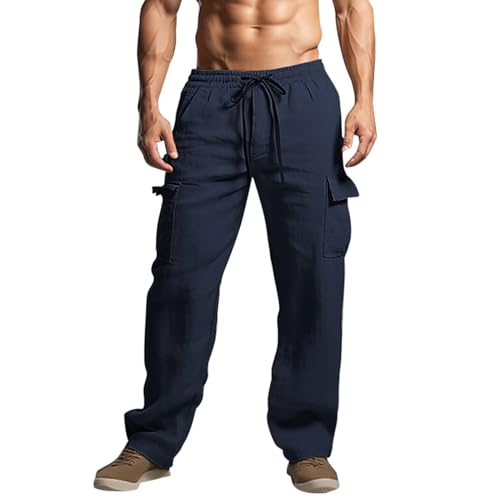 SOOUICKER Leinenhose Herren Lang Cargo Leichte Sommerhose Herren Lang Cargohose Herren Leinen Leinenhose Herren Loose Fit Freizeithose Herren Weites Bein Leinenhose Herren Gummizug von SOOUICKER