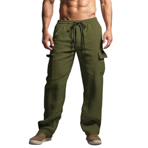 SOOUICKER Leinenhose Herren Lang Cargo Leichte Sommerhose Herren Lang Cargohose Herren Leinen Leinenhose Herren Loose Fit Freizeithose Herren Weites Bein Leinenhose Herren Gummizug von SOOUICKER