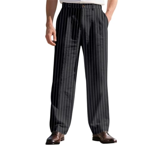 SOOUICKER Leinenhose Herren Lang Elegant Anzughose Herren Leinen Gestreift Sommerhose Leicht Weit Stoffhose Sommer Muster Freizeithose Leinen Modern Locker von SOOUICKER