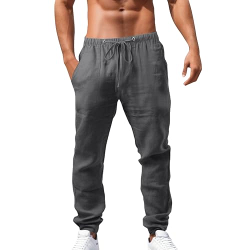 SOOUICKER Leinenhose Herren Lang Jogger Freizeithose Sommer mit Bündchen Sommerhose Leicht Weit Stoffhose Leinen Gummizug Jogginghose Leinen Loose Fit von SOOUICKER