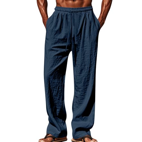 SOOUICKER Leinenhose Herren Lang Weites Bein Jogginghose Leinen Baggy Freizeithose Sommer Leicht Ohne Bündchen Leichte Sommerhose Herren Jogging Stoffhose mit Gummizug Loose Fit von SOOUICKER