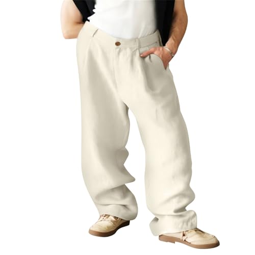 SOOUICKER Leinenhose Herren Lang Weites Bein Leichte Sommerhose Leinen Baggy Stoffhose Weit Gummizug Jogginghose Leinen Yoga Freizeithose Sommer Leicht von SOOUICKER