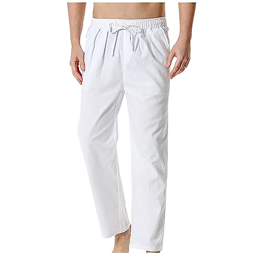 SOOUICKER Leinenhose Herren Regular Fit Yogahose Herren Lang Weites Bein Jogginghose Herren Ohne Bündchen Leinenhose Herren Yoga Freizeithose Herren mit Bündchen Breite Jogginghose Herren Weiß von SOOUICKER