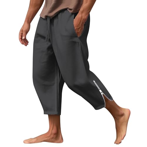 SOOUICKER Leinenhose Herren Sommer 7/8 Jogginghose Herren mit Reißverschluss Am Bein Leinenhose Herren Yoga Sommerhose Herren Leinen Freizeithose Herren mit Gummizug Leinenhose Herren Loose Fit von SOOUICKER