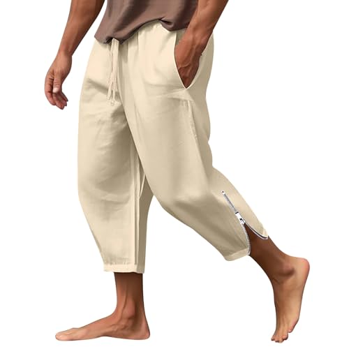 SOOUICKER Leinenhose Herren Sommer 7/8 Jogginghose Herren mit Reißverschluss Am Bein Leinenhose Herren Yoga Sommerhose Herren Leinen Freizeithose Herren mit Gummizug Leinenhose Herren Loose Fit von SOOUICKER