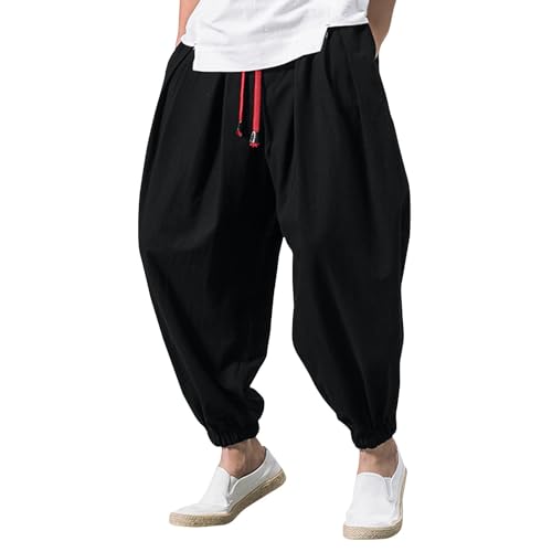 SOOUICKER Leinenhose Herren Sommer Baggy Haremshose Japanisch Jogginghose Leinen mit Bündchen Leichte Sommerhose Herren Jogging Freizeithose Leicht mit Gummizug Locker von SOOUICKER