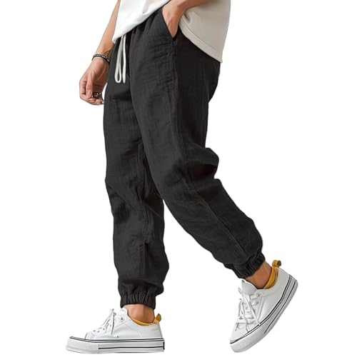 SOOUICKER Leinenhose Herren Sommer mit Bündchen Stoffhose Leicht Jogging Freizeithose Leinen mit Gummizug Leichte Sommerhose Vintage Jogginghose Locker von SOOUICKER