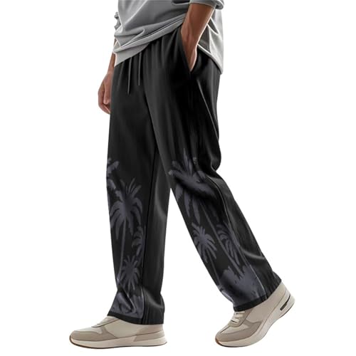 SOOUICKER Leinenhose Lang Muster Weites Bein Leichte Sommerhose Leinen Baggy Jogginghose Herren Gym mit Aufdruck Freizeithose Sommer Leicht Stoffhose mit Gummizug von SOOUICKER