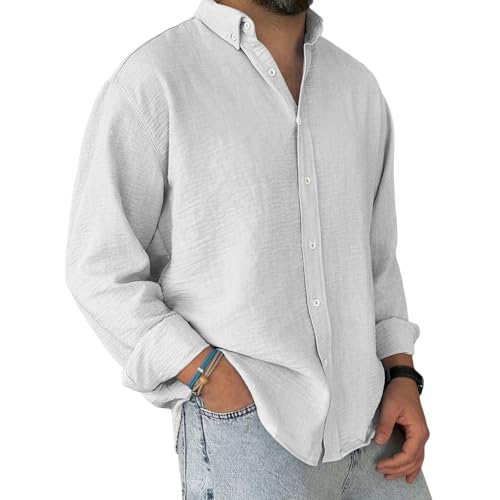 SOOUICKER Musselin Hemd Herren Langarm Freizeithemd Oversized Sommerhemd Vintage Comfort Fit Herrenhemden Freizeit Elegant Strandhemd Leicht Hemd Urlaub Einfarbig von SOOUICKER