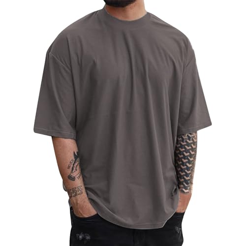 SOOUICKER Oversized Tshirt Herren Gym T Shirt Rundhals Einfarbig Funktionsshirt Kurzarm Locker Fitness Shirt Vintage Muskelshirts Sport von SOOUICKER