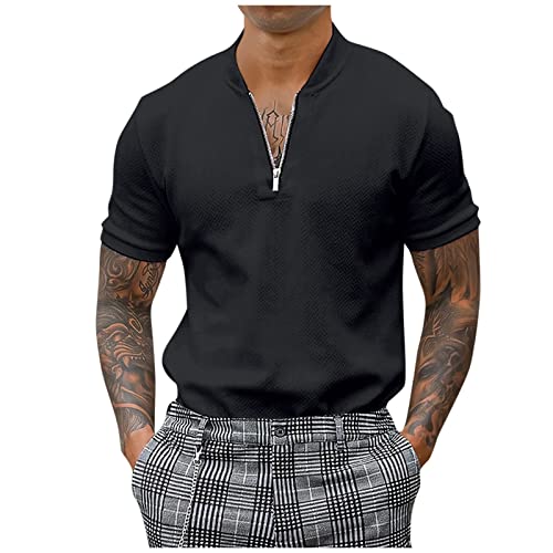 SOOUICKER Poloshirt Herren Kurzarm Ohne Kragen Tshirt Herren mit Reißverschluss Einfarbig Poloshirts für Herren Sport Poloshirt Herren Funktionsshirt Poloshirt Herren Zipper Modern von SOOUICKER