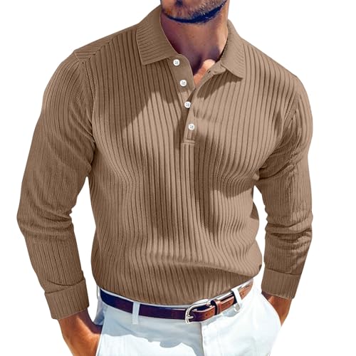 SOOUICKER Poloshirt Herren Slim Fit Stretch Langarmshirt Herren Polo Elegant Polohemd Modern Gestreift Tshirt Langarm mit Kragen Cord T Shirt Business Casual von SOOUICKER