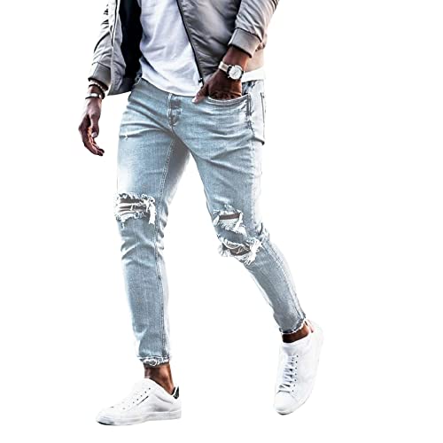 SOOUICKER Skinny Jeans Herren Stretch Ripped Jeans Herren Slim Fit Jeans Herren Destroyed Look Jeans Herren Eng Hellblau Jeans Herren mit Löcher Freizeithose Herren Modern Jeans Herren Tapered Fit von SOOUICKER