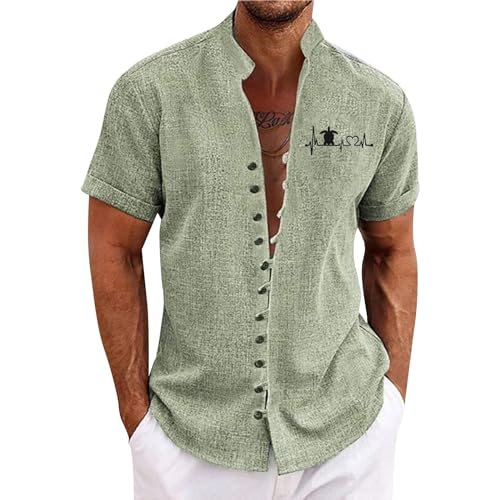 SOOUICKER Sommerhemd Herren Stehkragen Hemd Herren Kurzarm Ohne Kragen Freizeithemden für Herren Sommer Übergröße Hemd Herren Vintage Kurzarmhemd Herren Große Größen Print von SOOUICKER