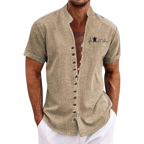 SOOUICKER Sommerhemd Herren Stehkragen Hemd Herren Kurzarm Ohne Kragen Freizeithemden für Herren Sommer Übergröße Hemd Herren Vintage Kurzarmhemd Herren Große Größen Print von SOOUICKER