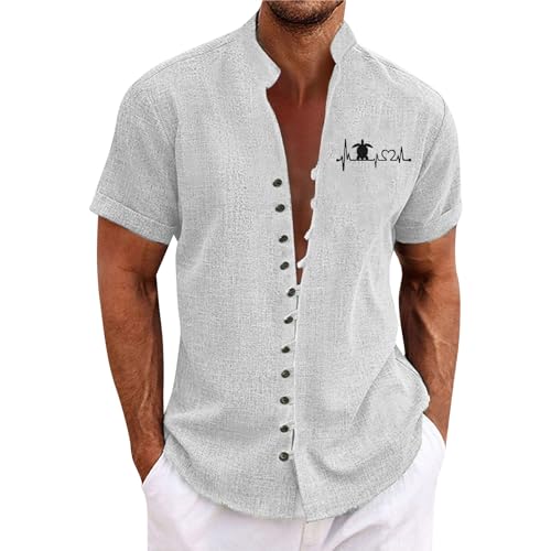 SOOUICKER Sommerhemd Herren Stehkragen Hemd Herren Kurzarm Ohne Kragen Freizeithemden für Herren Sommer Übergröße Hemd Herren Vintage Kurzarmhemd Herren Große Größen Print von SOOUICKER