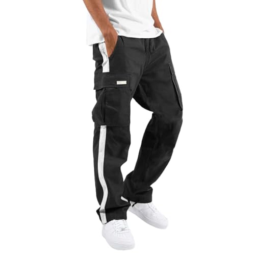 SOOUICKER Sporthose Herren Lang Cargo Cargohose Stretch Regular Fit Jogginghose mit Seitentaschen Trainingshose mit Streifen Ohne Bündchen Freizeithose Outdoor mit Gummibund von SOOUICKER