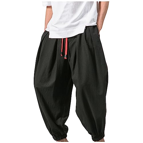 SOOUICKER Sporthose Herren Lang Leinenhose Herren Baggy Yoga Jogginghose Herren Leinen Freizeithose Herren mit Bündchen Leinenhose Herren Harem Jogging Haremshose Herren mit Taschen von SOOUICKER