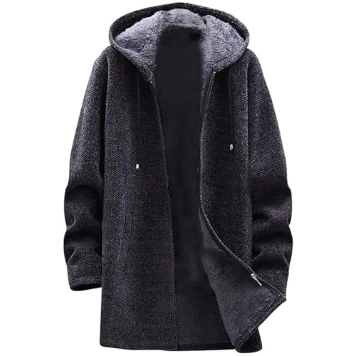SOOUICKER Strickjacke Herren Winter Lang Kurzmantel mit Kapuze Wintermantel Gefüttert Sport Cardigan Fleece Warm Fleecejacke Lang Sweatjacke Teddyfutter Übergangsjacke Fell von SOOUICKER