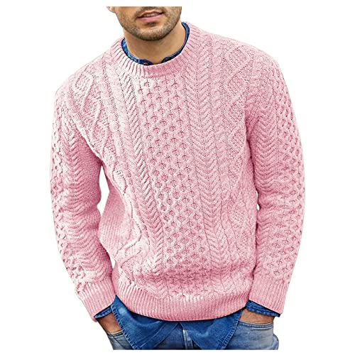 SOOUICKER Strickpullover Herren Zopfmuster Strickpullover Herren Grobstrick Strickpullover Herren Rundhals Pullover Herren Unifarben Pink Strickpullover Herren Winter von SOOUICKER