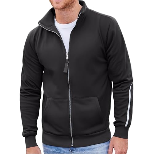 SOOUICKER Sweatjacke Herren Ohne Kapuze Stehkragen Übergangsjacke Sportlich Elegant Trainingsjacke Vintage mit Taschen Jacke Modern Reißverschluss Sportjacke mit Kragen Outdoor von SOOUICKER