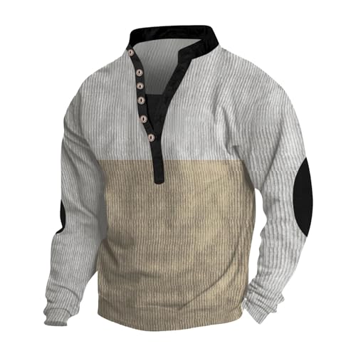 SOOUICKER Sweatshirt Herren Cord Henley Shirt Herren Langarm Vintage Pullover Herren V Ausschnitt Sweatshirt Herren Stehkragen Langarmshirt Herren Knopfleiste Pullover Herren mit Kragen von SOOUICKER