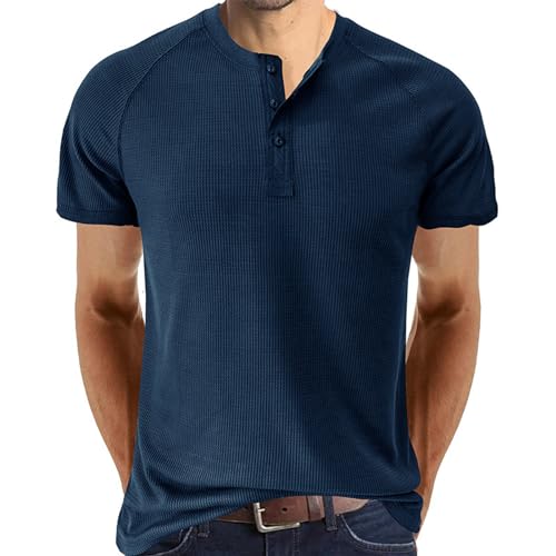 SOOUICKER Waffle Henley Shirt Herren Slim Fit Poloshirt Herren Elegant Ohne Kragen Henley Shirt Herren Kurzarm Vintage Tshirt Herren Knopfleiste Henley Poloshirt Herren Modern Einfarbig von SOOUICKER