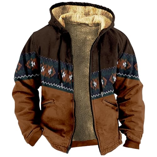 SOOUICKER Winterjacke Herren Vintage übergröße Fleecejacke Gefüttert Muster Kapuzenjacke Warm Teddyfutter Sweatjacke Winter mit Kapuze Übergangsjacke Fleece Outdoor von SOOUICKER