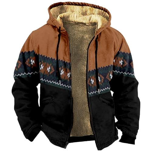 SOOUICKER Winterjacke Herren Vintage übergröße Fleecejacke Gefüttert Muster Kapuzenjacke Warm Teddyfutter Sweatjacke Winter mit Kapuze Übergangsjacke Fleece Outdoor von SOOUICKER