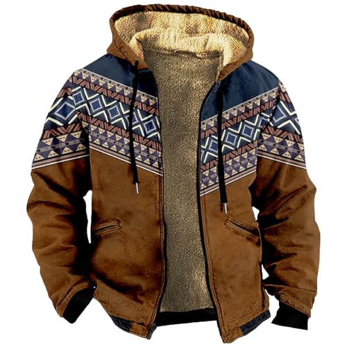 SOOUICKER Winterjacke Herren Warm Gefüttert Fleecejacke Vintage Muster Kapuzenjacke Fleece Outdoor Zip Hoodie Herren Winter Sweatjacke mit Kapuze Teddyfutter Übergangsjacke Sportlich von SOOUICKER
