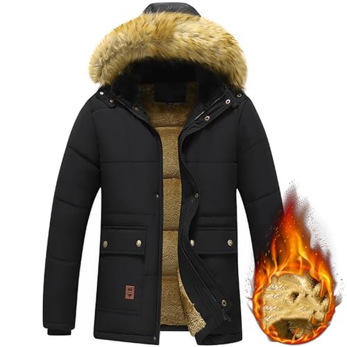 SOOUICKER Winterparka Herren Warm Gefüttert Wintermantel Fell Steppjacke Gefüttert Winterjacke Outdoor mit Fellkapuze Übergangsjacke Parka Teddyfutter Kurzmantel Winter Fleece von SOOUICKER