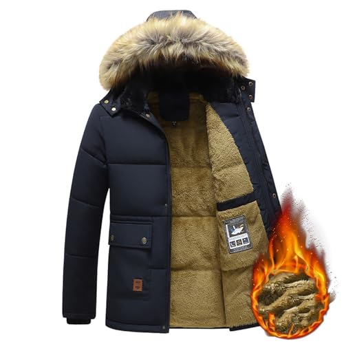 SOOUICKER Winterparka Herren Warm Gefüttert Wintermantel Fell Steppjacke Gefüttert Winterjacke Outdoor mit Fellkapuze Übergangsjacke Parka Teddyfutter Kurzmantel Winter Fleece von SOOUICKER