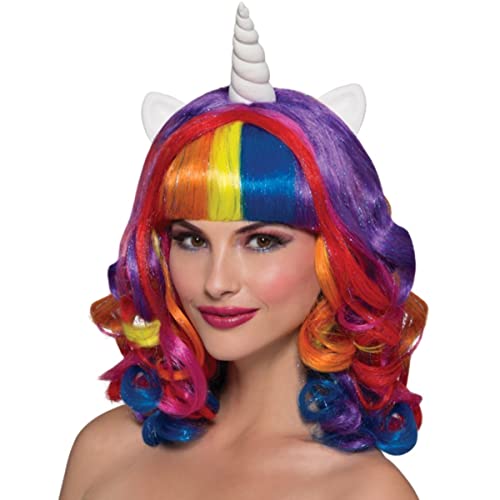 Einhorn-Perücke mit Pferdeohren für Mädchen und Damen, mehrere Farben, Cosplay-Einhorn-Perücken für Weihnachten, zum Verkleiden (Farbe: kurzes Regenbogen-Einhorn) B) von SOOXU