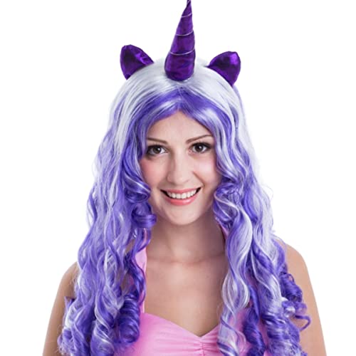 Einhorn-Perücke mit Pferdeohren für Mädchen und Damen, mehrere Farben, Cosplay-Einhorn-Perücken für Weihnachten, zum Verkleiden (Farbe: lila und weißes Einhorn) von SOOXU